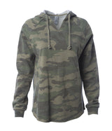 Women's California Wave Wash Hooded Pullover in color Forest Camo Heather.